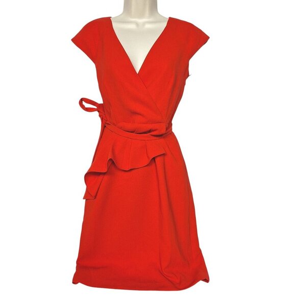 Calvin Klein Womens Peplum Dress Size 4 Solid Red Ruffles Sleeveless Business - Picture 1 of 4